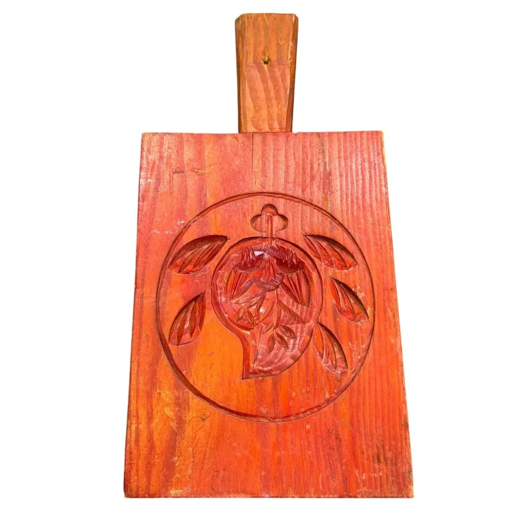 Vintage‎ Hand Carved Wooden Mooncake Mold Chinese Rice Cake Press Red Decor 11in